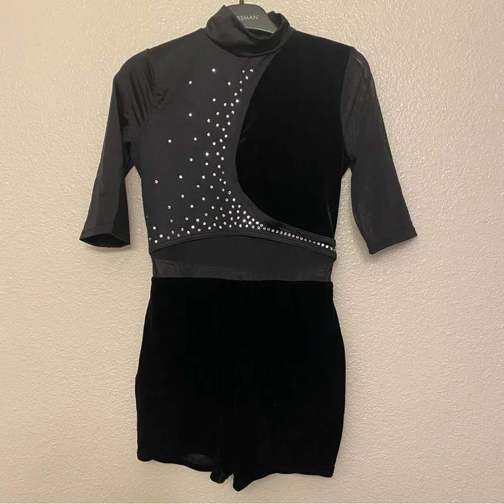 WEISSMAN Dance Costume velvet black leotard rhinestone Chains 14912 SA adult